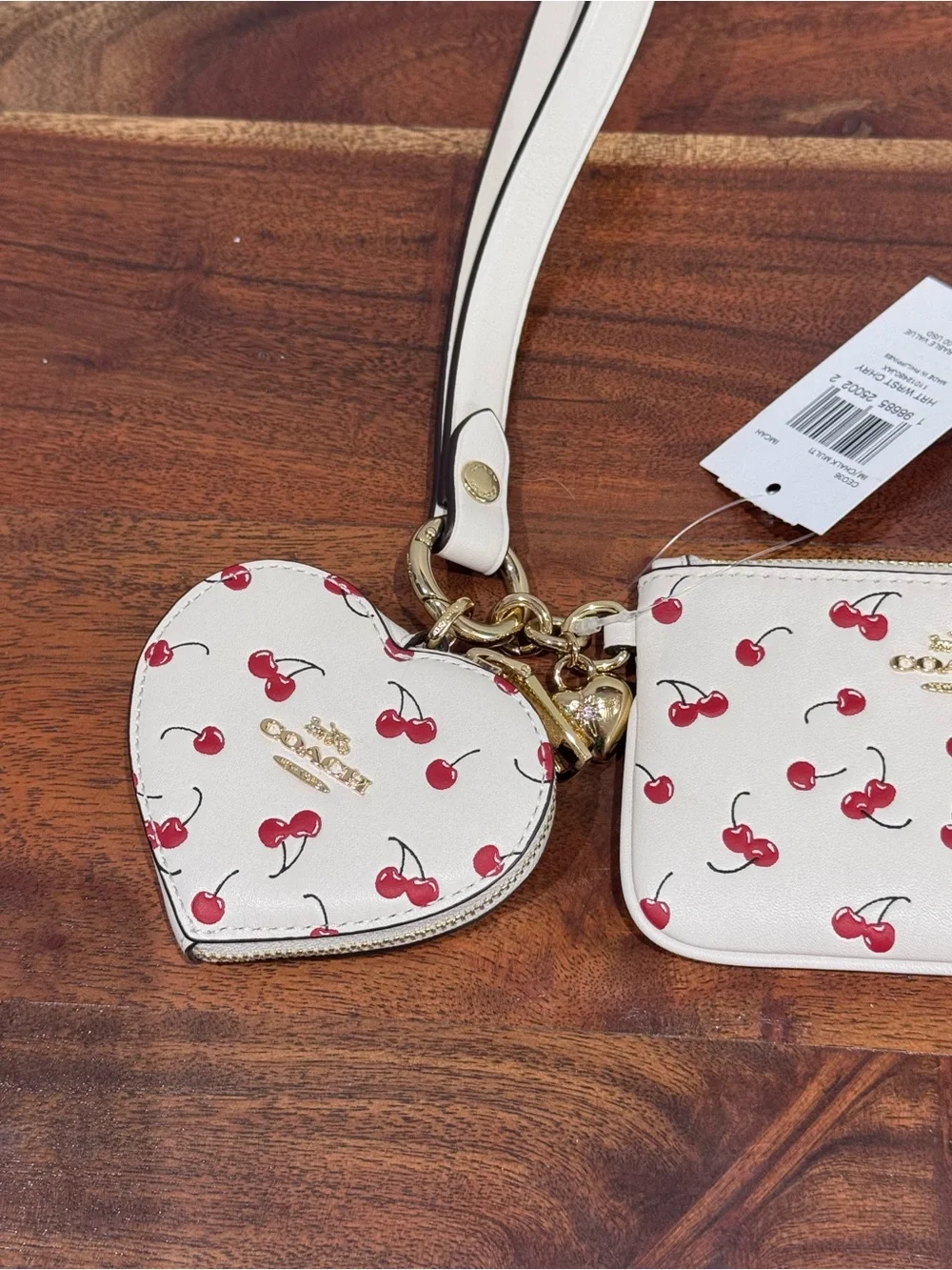 Coach White Cherry-Print Wristlet Card Case with Heart Coin Pouch